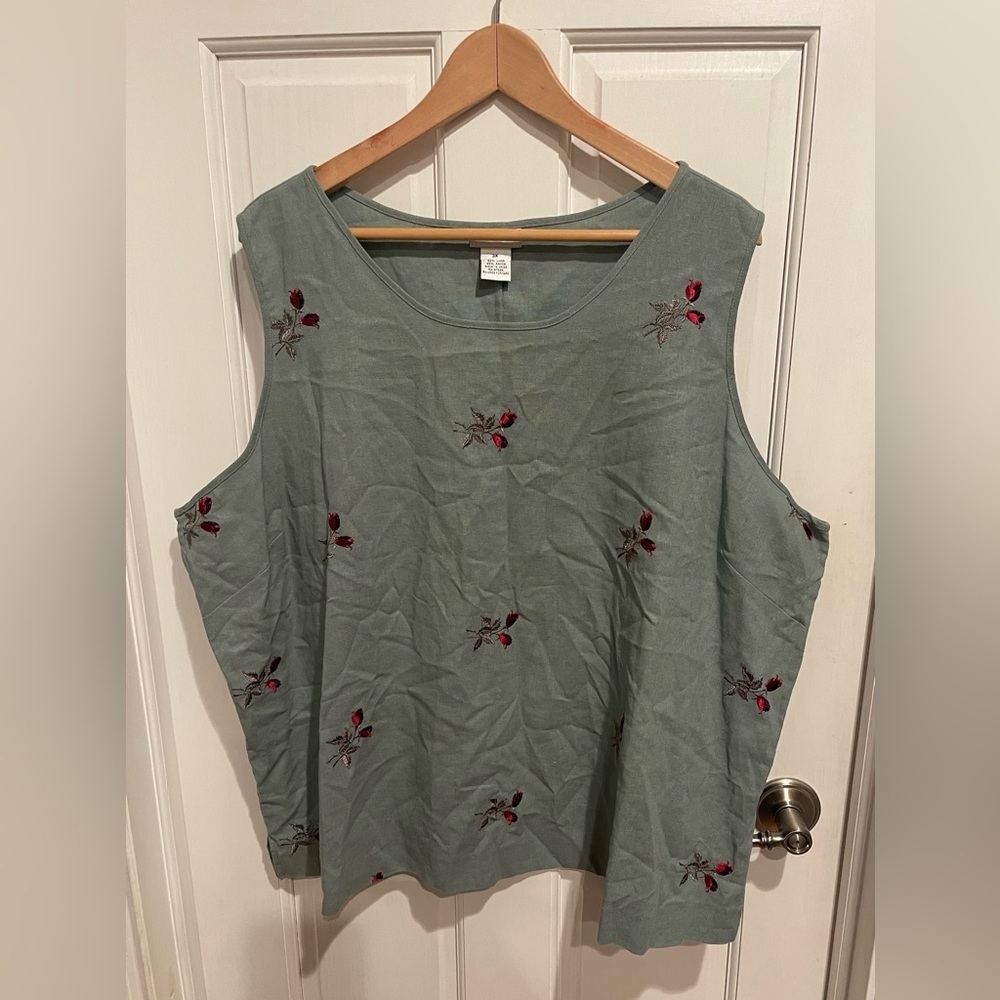 I.S.C. Linen Blend Mossy Green Embellished Sleeveless Tank and Blouse Combo 3X - Picture 2 of 8